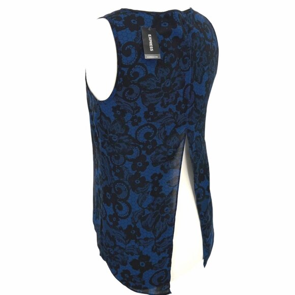 Express Blue Floral Sleeveless Split Back Casual Blouse Black Size Small NWT - Picture 3 of 8
